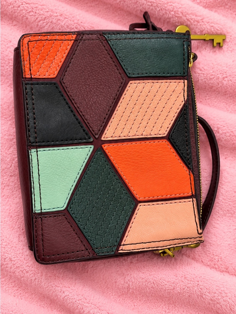 Fossil Multicolor Geometric Leather Crossbody - Coral, Mint & Burgundy